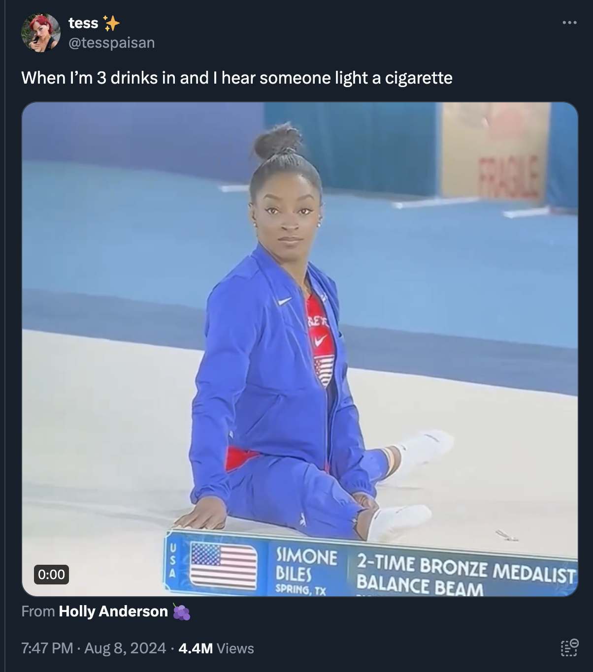 screenshot - tess When I'm 3 drinks in and I hear someone light a cigarette From Holly Anderson 4.4M Views Fragile Simone Biles Spring, Tx 2Time Bronze Medalist Balance Beam